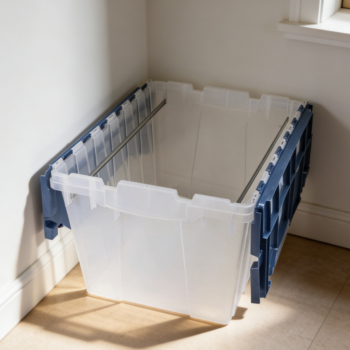 Stackable Storage Box with Lid Attached and Hanging Rails