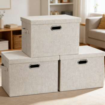 3-Pack Beige Linen Stackable Storage Bins with Lids