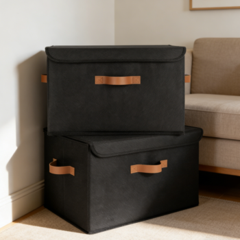 Extra Large Black Fabric Storage Bins with PU Handles