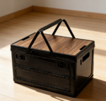 Foldable Storage Box with Wood-Pattern Lid and Handles