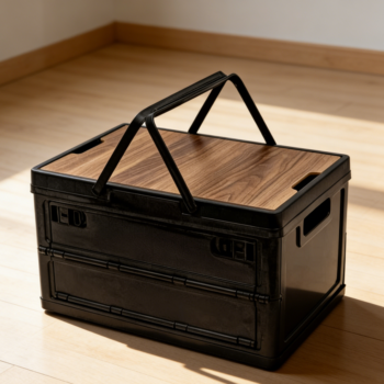 Foldable Storage Box with Wood-Pattern Lid and Handles