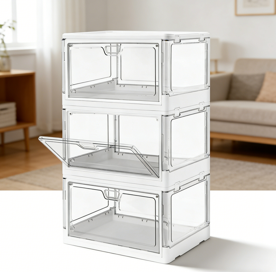 3-Pack Clear Stackable Storage Bins with Magnetic Doors